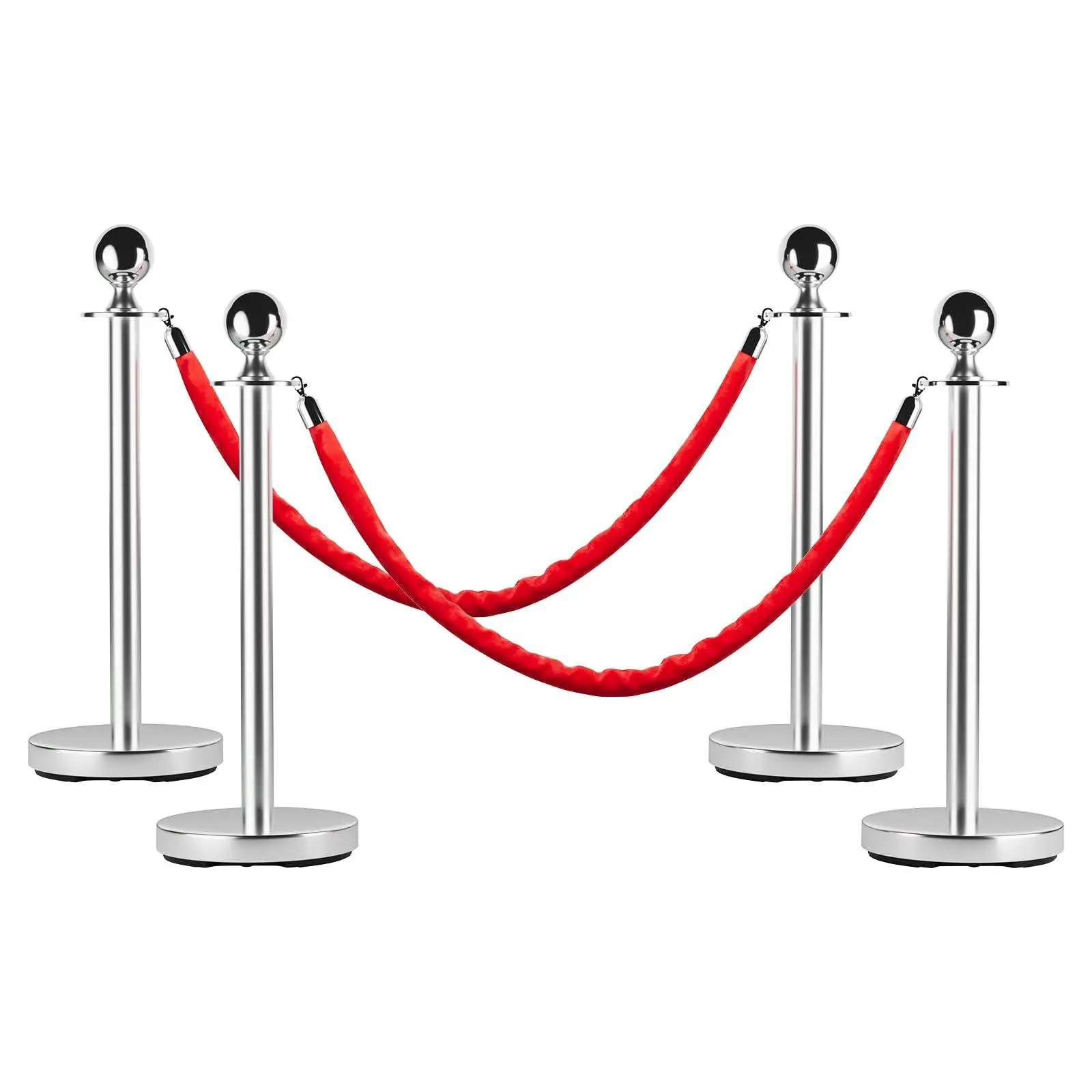 Crowd control stanchions, set of 4 stainless steel rope safety barriers with 5 ft red ropes, red carpet poles for theaters, hotels, clubs, parties, and ceremonies