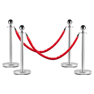 Crowd Control Stanchion, 4 PCS Stainless Steel Rope Safety Barriers with 5 FT Red Rope, Red Carpet Poles for Theaters Hotels Clubs Party Ceremony