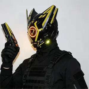 Futuristic Punk Full-Face Tactical Mask - Yellow Sticker Mech-Style Design with Wings and Round Lighting, Cosplay Prop & Accessories for Outfit, Ideal for Halloween and Carnival/Mardi Gras