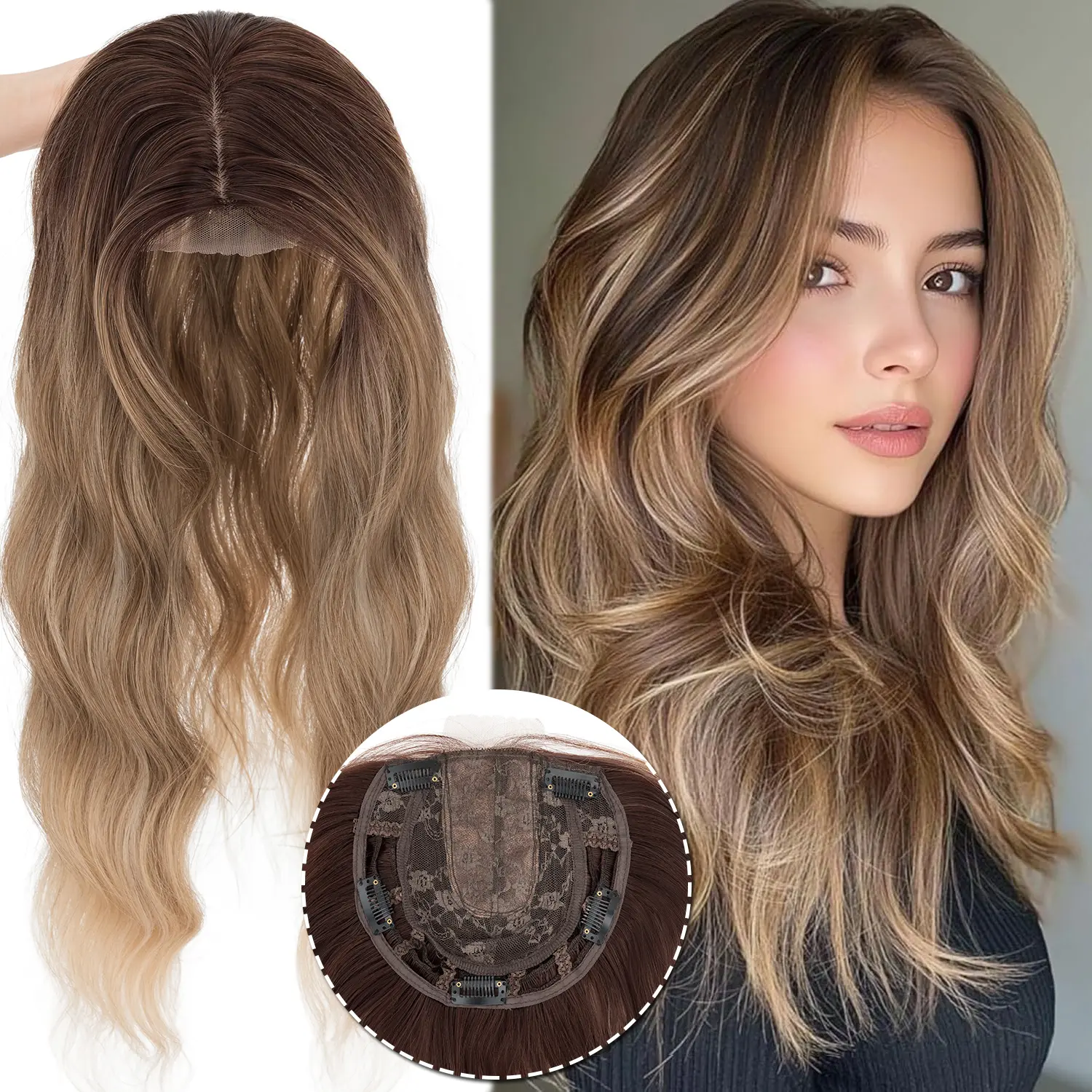 Long 20 inch Curly Wavy Hair Topper for Women – Lightweight Clip-In Hair Topper, Natural Scalp Appearance, Seamless Coverage, Instant Volume for Thinning Hair