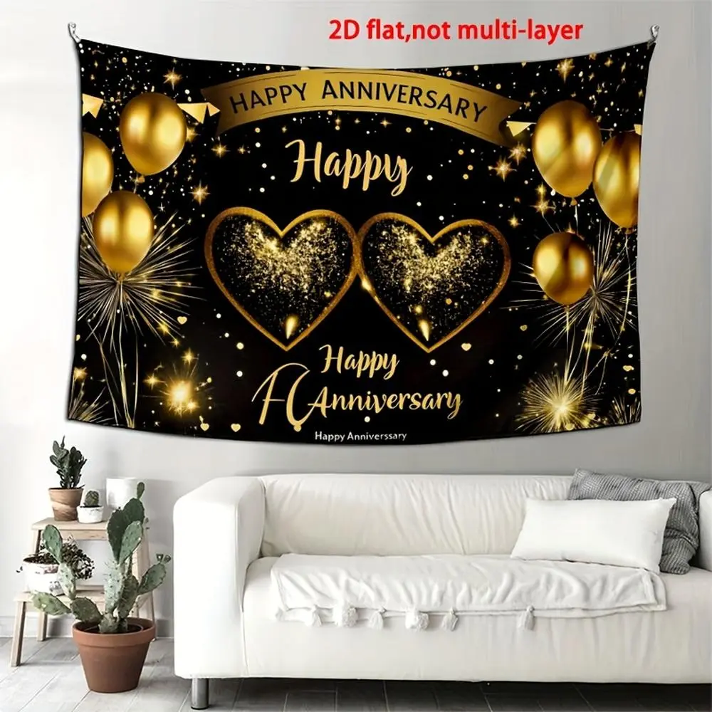 1pc Soft Flat Polyester 2D Black and Golden Glam Durable Wedding Backdrop - Non-Electric Fabric Banner for Anniversary, Photo Booth Decor (White)