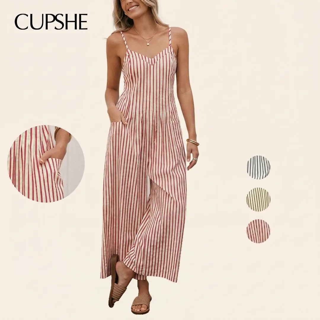 Cupshe Women's Striped V-Neck Wide Leg Jumpsuit, Sleeveless Woven Polyester-Rayon Full Length Overalls for Casual Beach Vacation Wear, Sleeveless Strap Overalls, Stripes, Wide Legs, One-Piece Coveralls Jumpsuits Rompers#tiktokshopbacktoschool