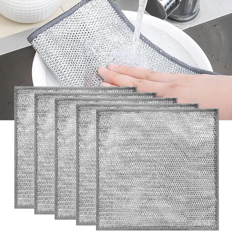 5 Pack Wire Dishwashing Rags - Multipurpose Wire Dishwashing Rags for Wet and Dry, Non-Scratch Wire Dishcloth, Multifunctional Kitchen Cleaning Cloths for Dishes, Sinks, Counters, Stove Tops