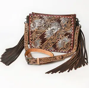 American Darling genuine hand tooled leather messenger style crossbody bag with fringe