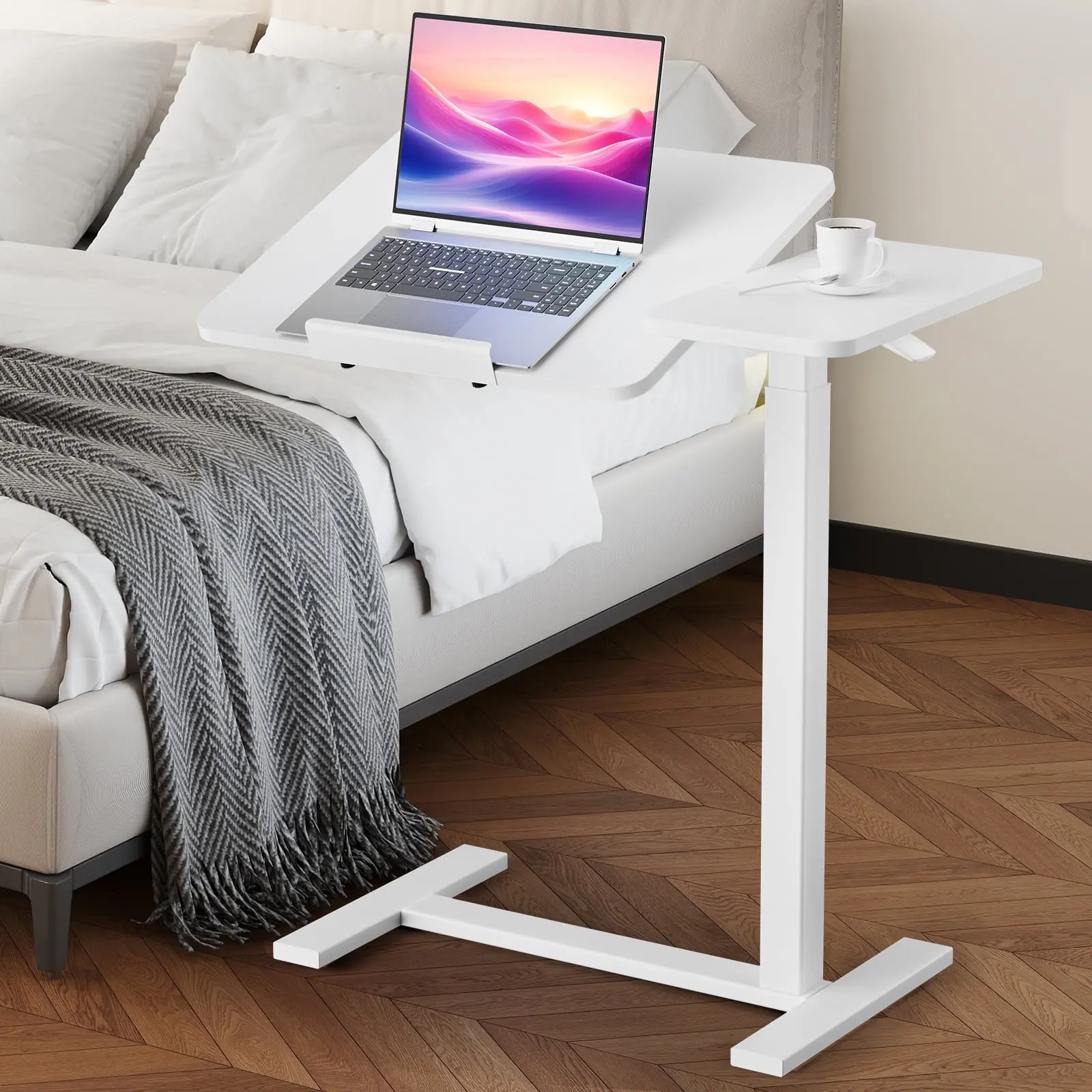 Overbed Bedside Table Adjustable with Wheels, Mobile Standing Stand Up Rolling Laptop PC Desks with Tilting Top Height Tray Side Computer Workstation