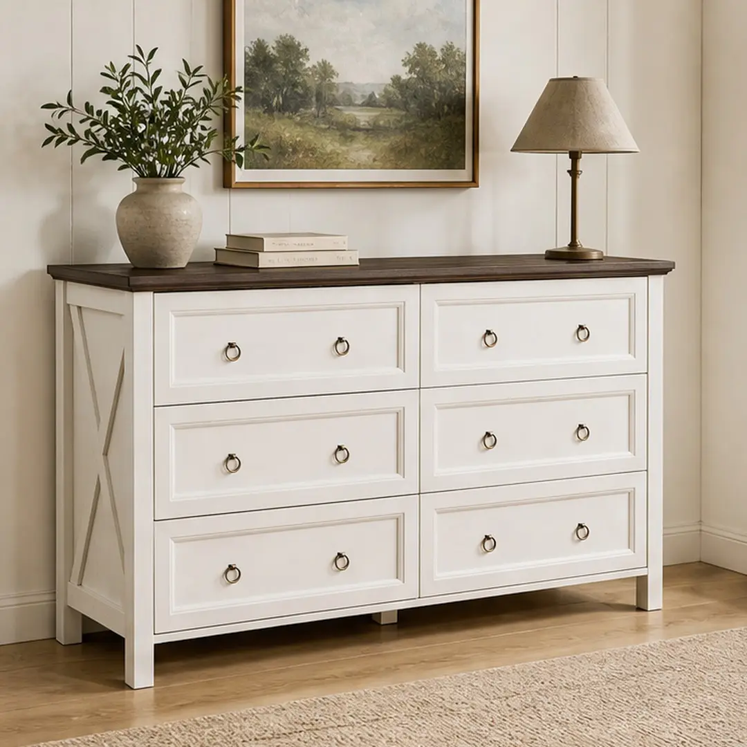 ARCH Sturdy Farmhouse 6-Drawer Wood Rustic Wide Dresser - MDF Walnut, 54"w x 15.75"d x 31.25"h, Storage Organizer with Metal Slides & Antique Brass Knobs, All Parts & Hardware Included, Assembly Required, for Bedroom & Living Room, Drawer Organization