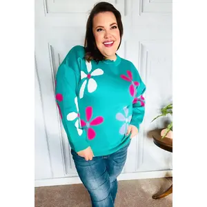 Adorable Turquoise Daisy Flower Jacquard Pullover Sweater