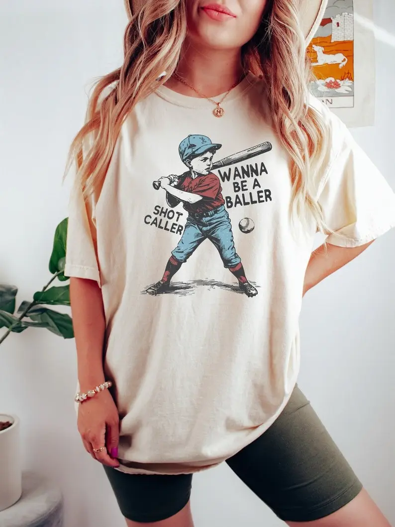 Women's Casual All Seasons Soft Cotton Short-Sleeve Round Neck Fitted Graphic T-Shirt Top - Retro "Wanna Be A Baller Shot Caller" Print, Game Day Apparel, Baseball Lover Gift, Regular Sleeve