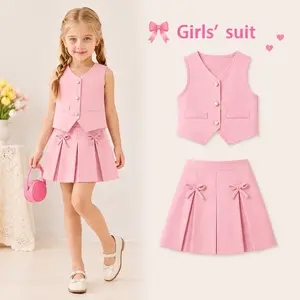 Summer Girls Solid Color Vest Top and Pleated Skirt Set, Elegant Pearl Button Sleeveless Outfit, Fashion Bow Decor Two-Piece Set for Party and Daily Wear