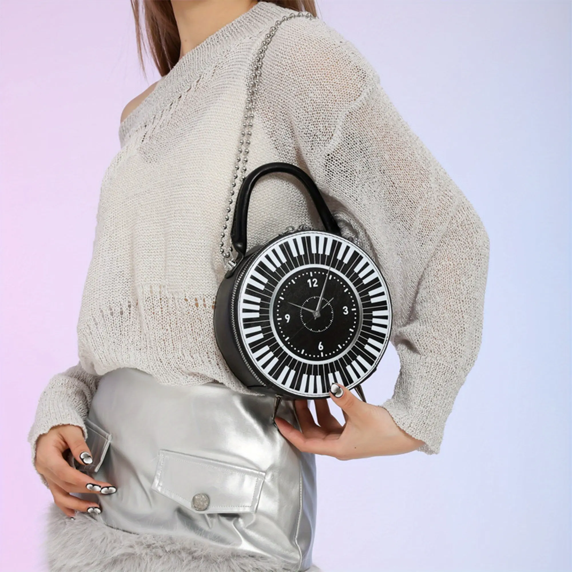 Retro Round Crossbody Bag with Geometric Clock Design, Women's Casual Clock Pattern Shoulder Purse with Drawstring Strap for Everyday Use