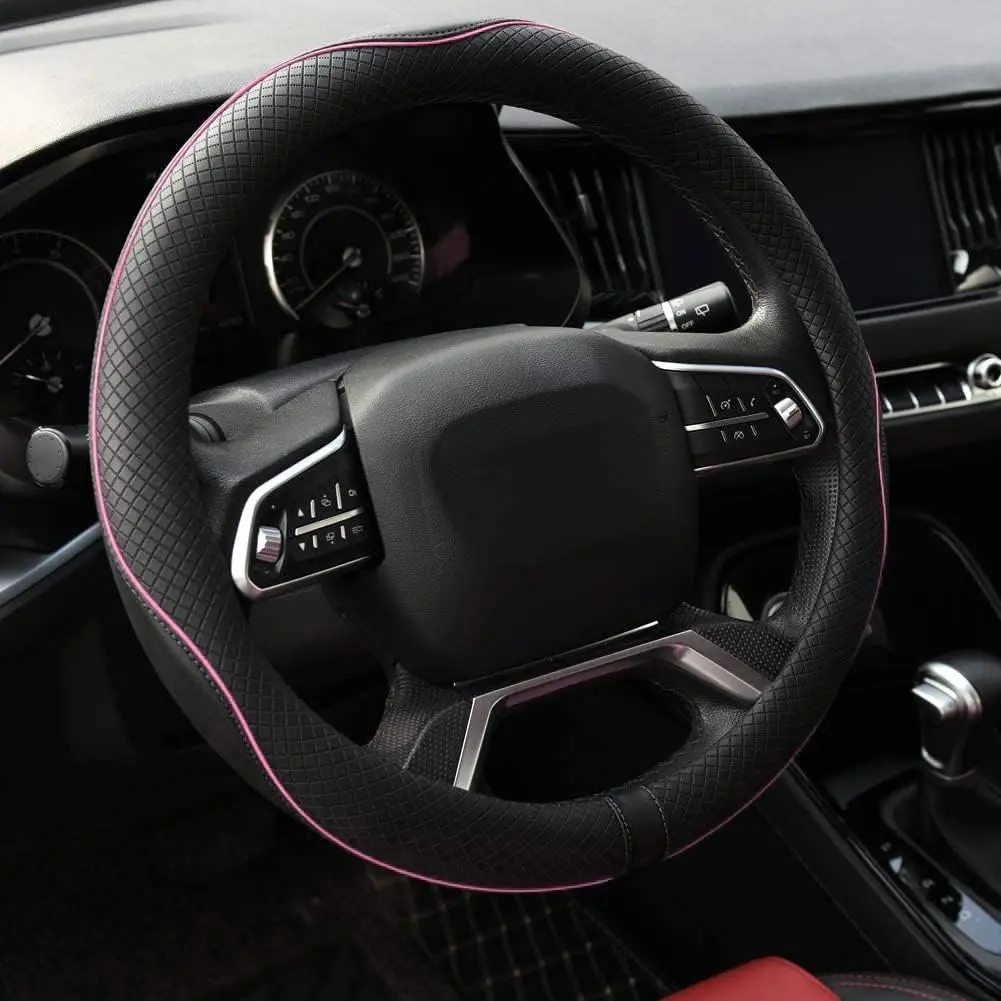 Microfiber Leather Steering Wheel Cover, Anti-Slip Matte Finish, 15-Inch Universal Embossed Steering Wheel Accessories for Car Decorating (Pink Line)