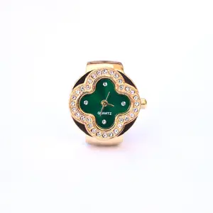 Fleur Watch Ring - Adjustable Mini Clover-Shaped Watch (Gold / Green)