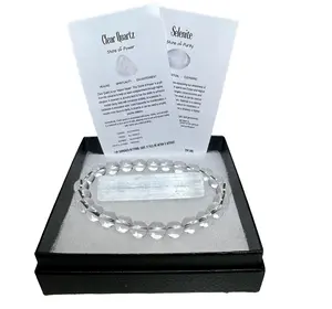 Clear Quartz Bracelet with complimentary Selenite for cleansing, Clear Quartz Crystal Healing Beads Bracelet Set for Women & Men