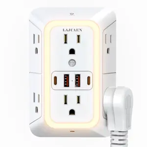 Surge Protector Outlet - 6 Wide AC Outlets and 4 USB Ports (2 Type-C), Surge Protection Extender with Night Light, US Plug, 3-Sided Design USB Wall Charger for Home Travel Office