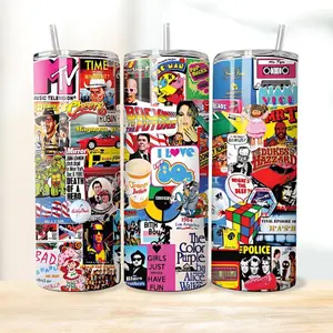 Love The 80's 20 oz Skinny Tumbler, Retro 80's Collage Tumbler with Straw