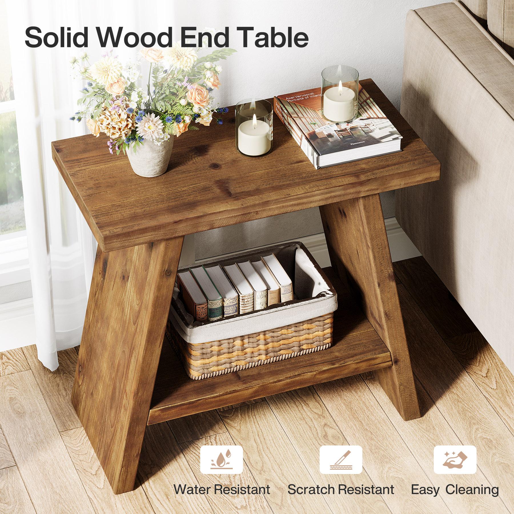 LITTLE TREE Solid Wood End Table for Living Room, Narrow Small Side Table with 2-Tier Storage, Farmhouse Bedside Nightstand for Bedroom, Small Places