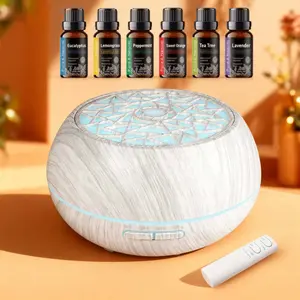 Complete Aromatherapy Set: Wood Grain Essential Oil Diffuser with Remote, 550ml Capacity, 7 Color Lights & 6 Premium Oils Included