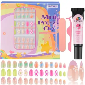 78 Pieces Press on Nails for Kids, 3 Pack Kid Fake Nail Kit Old Colorful Flower Press on Nails for Girls 8-12 Years with Jelly Nail Adhesives & Nail Builder Glue