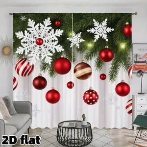 2D Flat 2Pcs Christmas Snowflake Ornament Curtains, Red Baubles Pine Branch Pattern, Rod Pocket Design, Semi Sunshade Polyester Fabric,Perfect for Living Room Bedroom Holiday Decor,Winter Festival Window Treatment, Light Filtering, Home Decoration Curtain