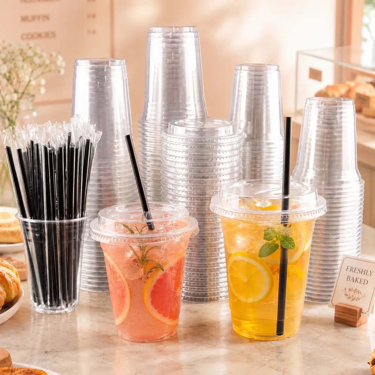 Disposable Plastic To-Go Cups with Lids & Straws, 50-Pack Disposable Tableware for Iced Coffee, Smoothies, Cold Drinks, Box-Included Home & Festive Party Supplies