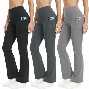 3PCS Women's Slim High Waist Pocket Flare Leg Pants Leggings, Groove Outfits, Casual Comfy High Stretch Seamless Bell Bottom Yoga Workout Gym Sports Trousers Activewear