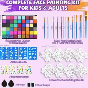 54 Color Kids Face Paint Set Water Soluble Halloween Christmas Festival Body Paint Kit with Brushes Templates Stickers