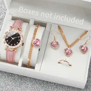 6 Pcs/set Fashion Starry Sky Women Watches Analog Leather Bracelet Quartz Watch Diamond Heart Jewelry Set