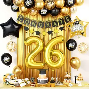 Black Gold Graduation Decorations, 2026 Graduation Decorations With Gold 26 Number Balloons, Foil Balloons Grad Printed Balloon Caps Banner For College Graduate