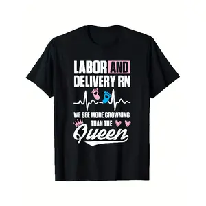 Adorable T-Shirt for Labor And Delivery Nurses Featuring Pink And Blue Baby Footprints, a Heartbeat Line, And a Cursive 'Queen' Design Topped with a Pink Crown, Making It a Stylish Gift for Healthcare Professionals