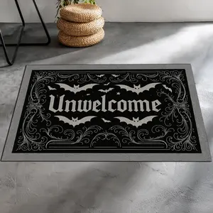 Gothic “Unwelcome” Doormat with Bats – Spooky Front Door Rug, Halloween Entryway Decor, Dark Aesthetic Home Mat