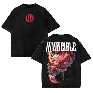 Vintage Washed Black Graphic T-Shirt, Men’s Oversized Streetwear Tee with Bold Invincible Blood & Horror Print, Soft Cotton Loose Fit Casual Daily Wear