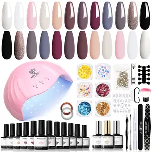 35 Pcs Gel Nail Polish Kit with U V Light 48W Nail Lamp - 12 Colors Nude Pink Gray Glitters Gel Nail Polish Set Glossy & Matte Base Top Coat Nail Art Decoration Manicure Tools Salon DIY Gift