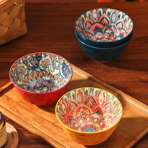 Vintage Floral Pattern Bowl Set, 4 Counts/set Creative Ceramic Bowl, Bohemian Household Tableware for Home Kitchen Dining Room