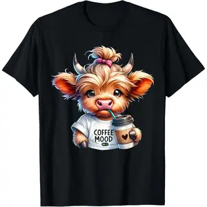 100% Cotton Printed Street-Style T-Shirt Coffee Mood On Highland Cow Coffee Addict Coffee Lover T-Shirt