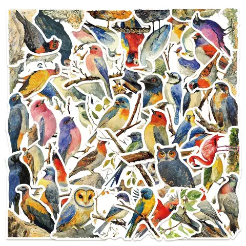 Watercolor Bird Pattern Sticker, 50pcs/set Colorful Bird Pattern Decorative Sticker, DIY Decals for Water Bottle, Laptop, Phone Case