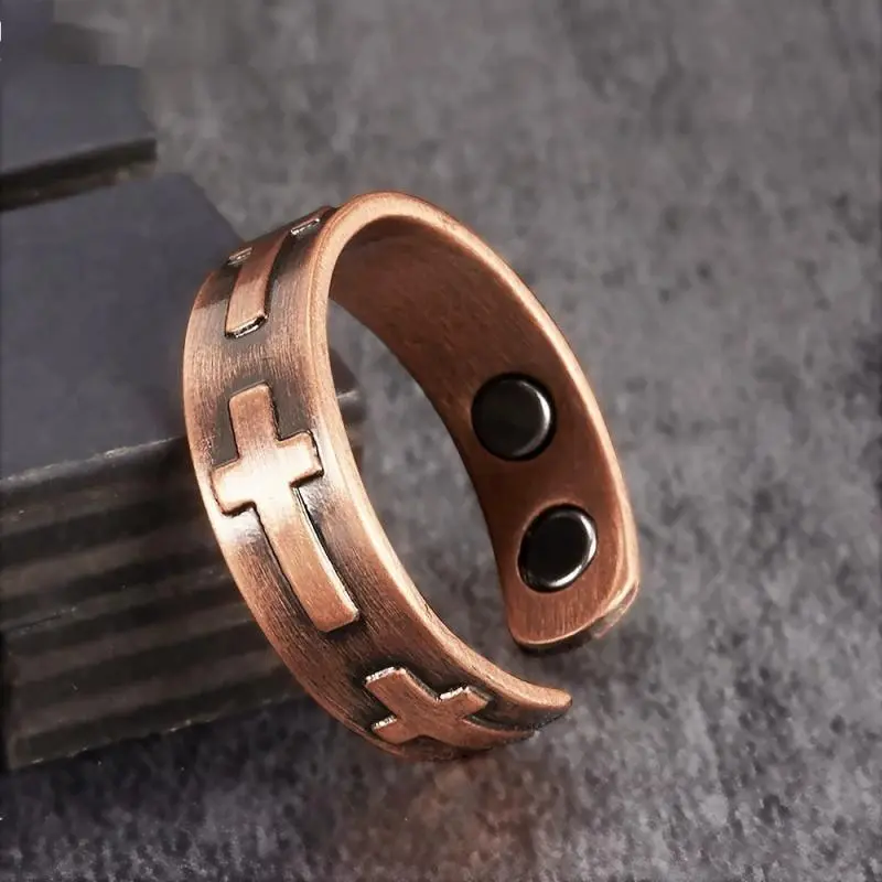 99.99% Pure Copper Ring with Geometric Cross Design, 6mm Magnetic Band for Couples, Handcrafted Casual Jewelry, Everyday Wear, Magnetic Pull