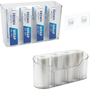 2 Pack Foil and Plastic Wrap Storage Rack, Adhesive Aluminum Foil Organizer for Cabinet Door and Pantry, Space-Saving Wrapping Paper Storage for Kitchen Cabinets, No Drilling, Clear