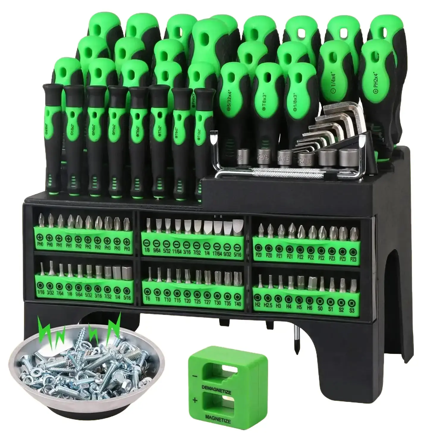 118-Piece Magnetic Screwdriver Set, including a plastic storage rack, precision screwdrivers, a magnetizer, a demagnetizer, a nut wrench, a ratchet handle, Allen wrenches, sockets, and more—essential tools for outdoor and home emergency repairs tiktokshop