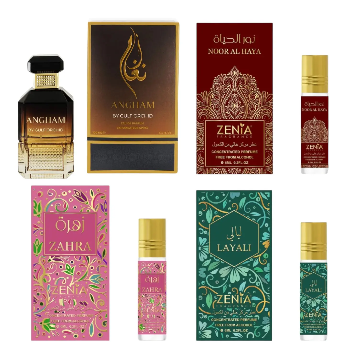 (4pc Bundle Pack) Gulf Orchid Angham 3.33oz + Layali + Noor al Haya + Zahara by Zenia EDP Spray