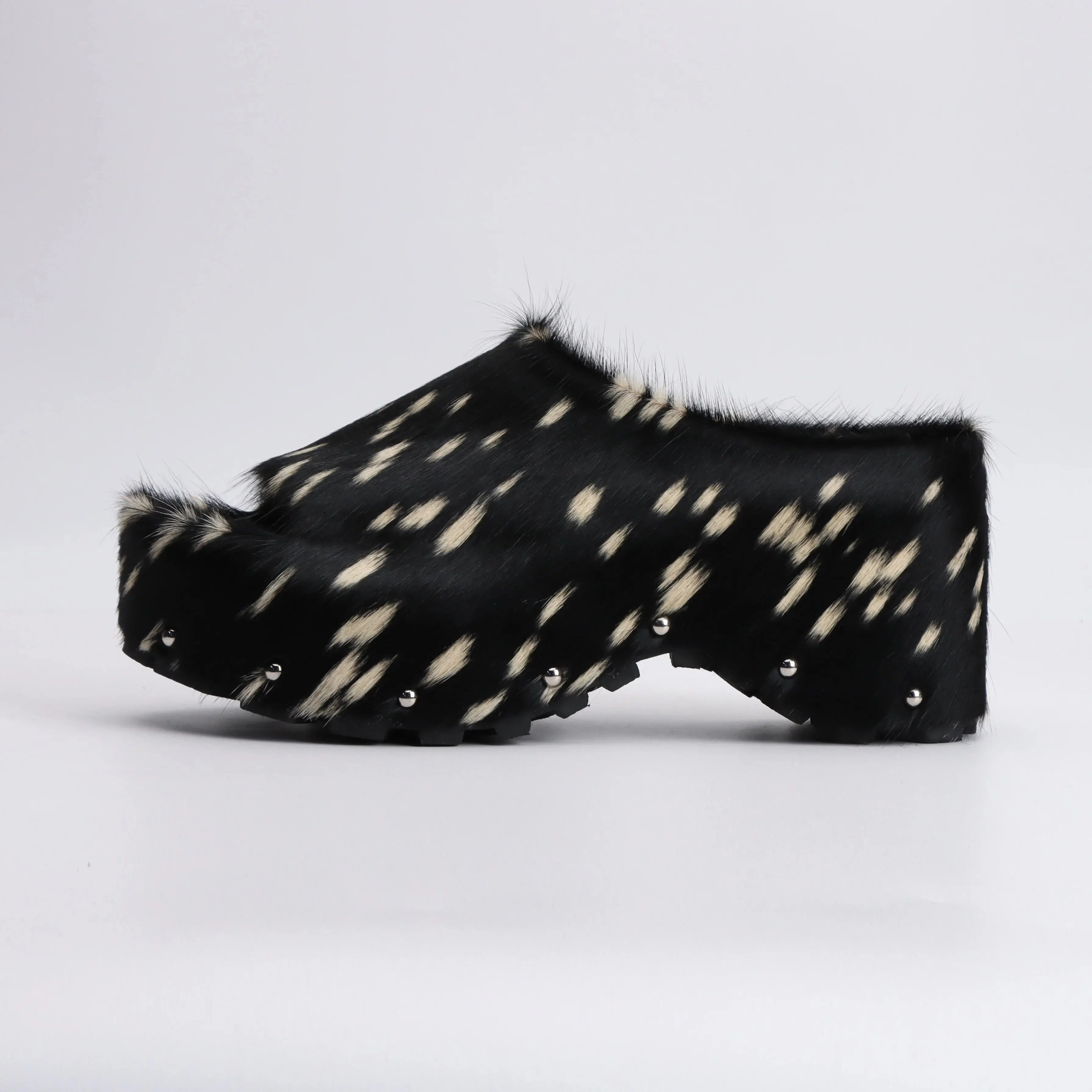 Calf Hair Leather Platform Lined Slip On Clog  Mules
