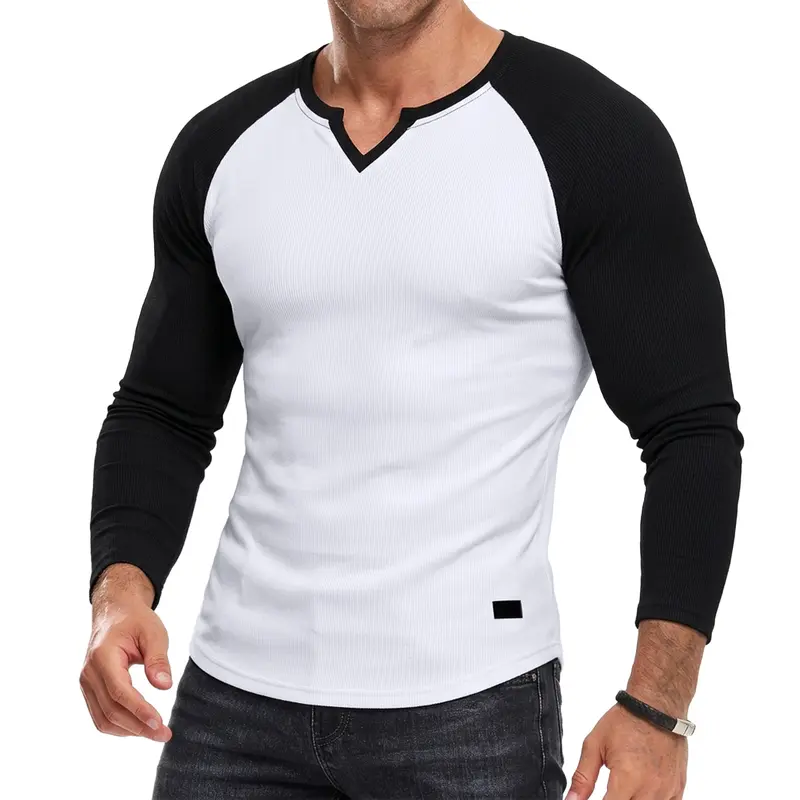 JMIERR Men's Muscle Fit Long Sleeve Raglan T-Shirt, Notch V-Neck Ribbed Knit Color Block Tops, Casual Workout Daily Tees Menswear