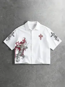 Unisex design, urban American retro style, ins-inspired fashion. Buttoned Fitted Cropped short casual shirt with Gothic-style cross Geometric pattern print. Perfect for summer daily wear and trendy fashion items.