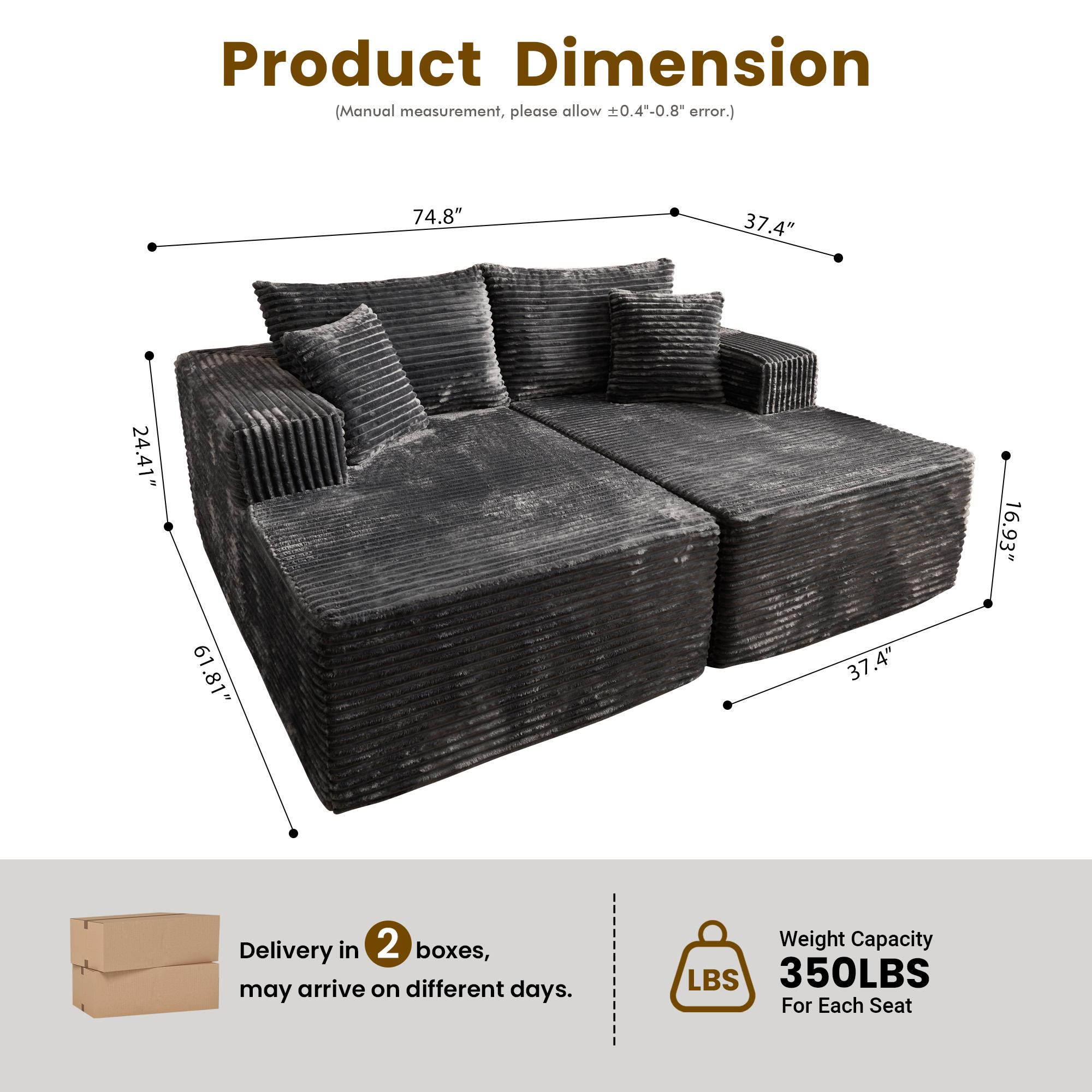 Double Chaise Lounge with Plush Corduroy Upholstery, Oversized Sectional Couch Sofa Bed, No Assembly Sleeper Loveseat for Living Room Audiovisual Room, Modern Fluffy Sofa Chair
