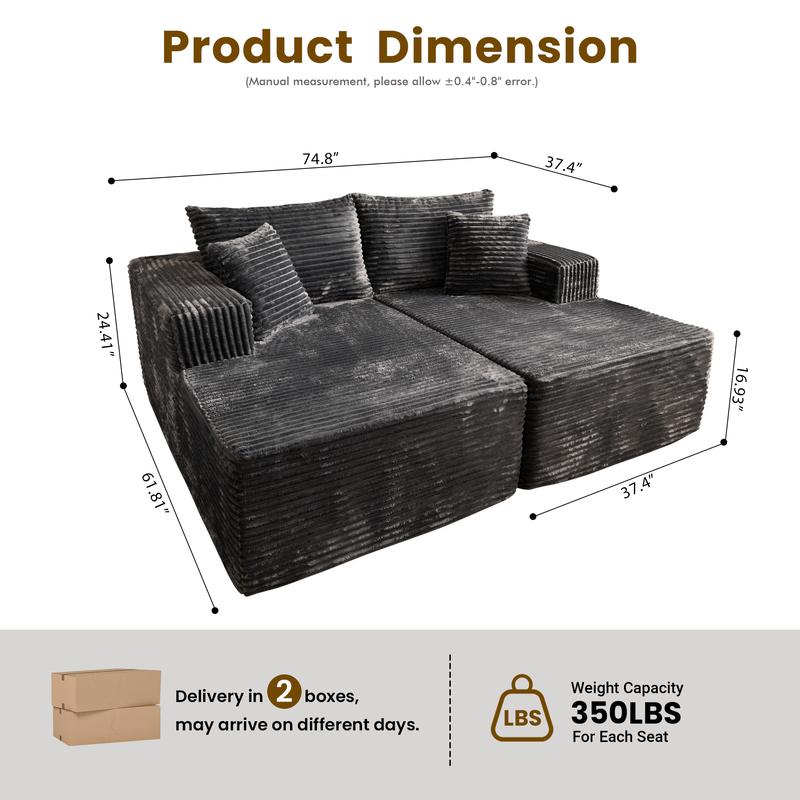 Double Chaise Lounge with Plush Corduroy Upholstery, Oversized Sectional Couch Sofa Bed, No Assembly Sleeper Loveseat for Living Room Audiovisual Room, Modern Fluffy Sofa Chair