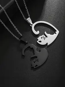 Cute Cat Design Pendant Necklace & Ring & Bracelet, Stainless Steel for Women & Men, Trendy All-match & Exquisite Matching Elegant Jewelry Set for Birthday Gift