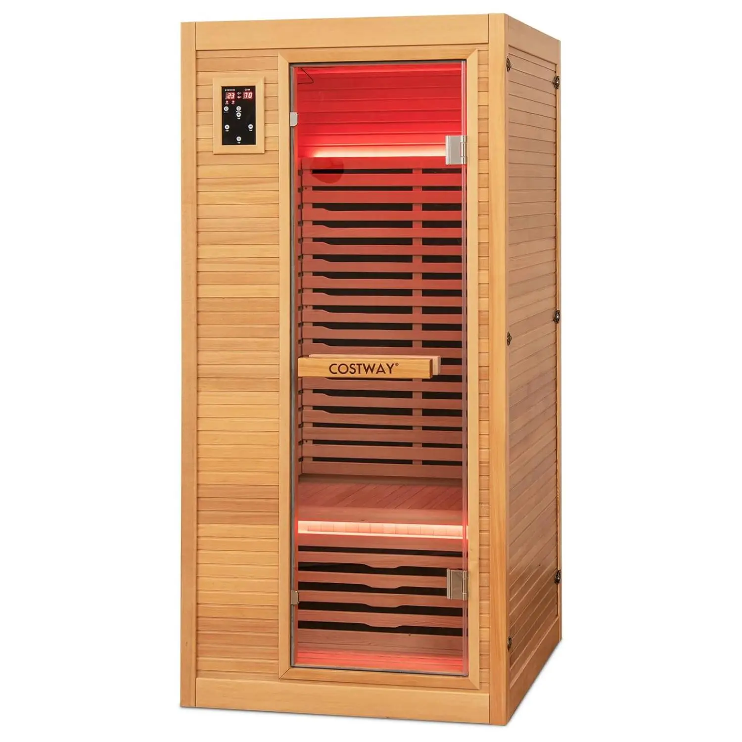 COSTWAY 1-2 Person Far Infrared Wooden Sauna Room, Canadian Hemlock Indoor Low EMF Sauna with Oxygen Ionizer, 9 Carbon Heaters, 4 Light Strips, Tempered Glass Door, Personal Sauna for Home