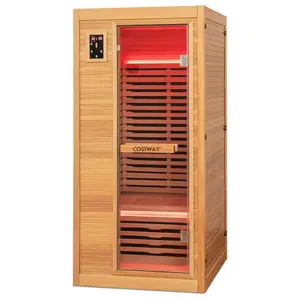 COSTWAY 1-2 Person Far Infrared Wooden Sauna Room, Canadian Hemlock Indoor Low EMF Sauna with Oxygen Ionizer, 9 Carbon Heaters, 4 Light Strips, Tempered Glass Door, Personal Sauna for Home