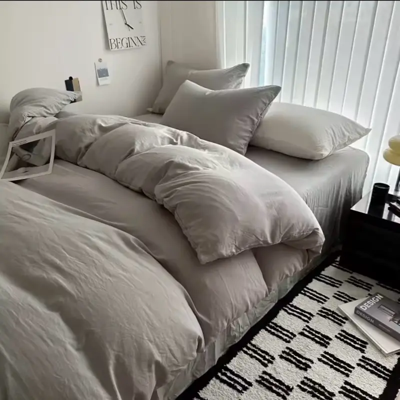 Bed Linen Solid Cotton Bedding Set with Sheet Duvet Cover Pillowcases Single Couple Bedsheet King Queen Double Twin Size