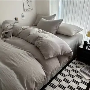 Bed Linen Solid Cotton Bedding Set with Sheet Duvet Cover Pillowcases Single Couple Bedsheet King Queen Double Twin Size