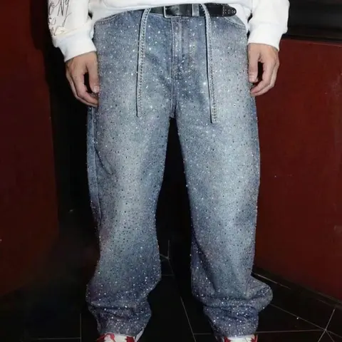Men's Light Blue Light Wash Rhinestone Loose Denim Jeans, Full Embellished Bling Effect, Perfect Gift for Shiny Boyfriend, Street Style, All Seasons, Menswear, Streetwear, Baggy Rhinestone Jeans